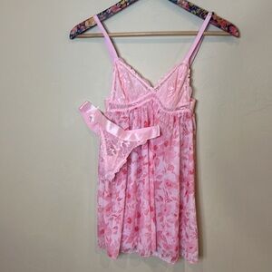 French Affair babydoll G-string panty set PLUS a pink semi sheer pink coverup S